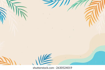 ilustração de design de fundo de verão. cena de praia de verão com folhas de palma coloridas