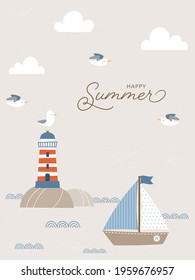 Summer background design with lighthouse, sailboat, and seagulls in cartoon style. Nautical background design for poster, postcard, greeting card, web banner, wallpaper, and more.