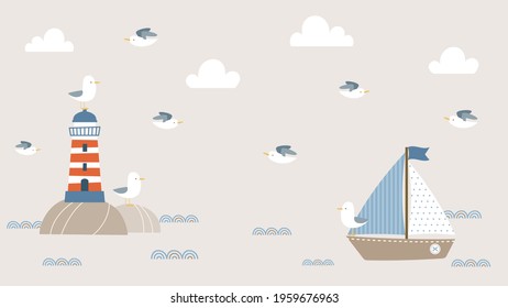 Summer background design with lighthouse, sailboat, and seagulls in cartoon style. Nautical background for social media header, web banner, wallpaper, video title, and more.