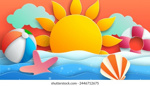 A summer background design in paper cut style featuring a sunset fluffy clouds, a bright yellow sun with rays, and a calm blue ocean with small waves. Vector Illustration.