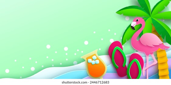 A summer background design in paper cut style featuring a pink flamingo, a palm tree, a orange juice in a glass, and a pair of flip flops. Vector Illustration.