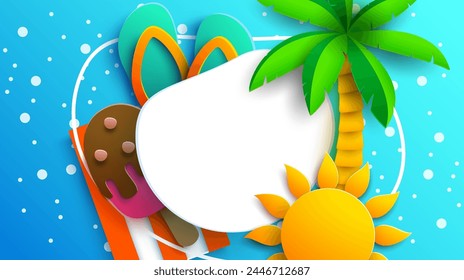 A summer background design in paper cut style featuring a palm tree, flip flops, an ice cream on a bright blue background. Vector Illustration.