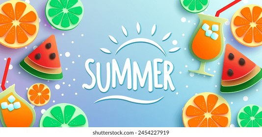 A summer background design in paper cut style featuring a glass of orange juice with a straw, a slice of watermelon, and three limes on a bright blue background. Vector Illustration.