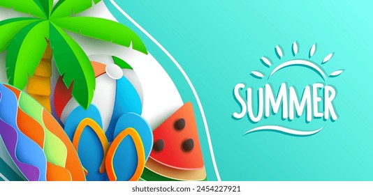 Summer background design in paper cut style featuring a palm tree, a slice of watermelon, a pair of blue flip flops, and a beach ball with colorful stripes. Vector Illustrations