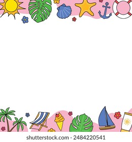 Summer background. Design of a poster with colourful holiday symbols. Vector illustration