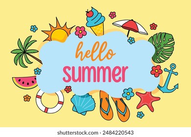 Summer background. Design of a poster with colourful holiday symbols. Vector illustration