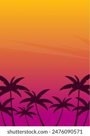 summer background design with a sunset theme and an illustration of a coconut tree silhouette