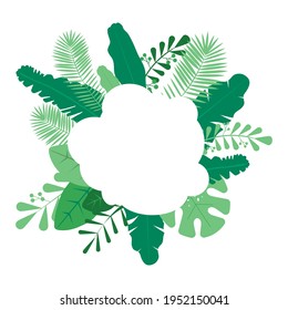 Plantilla de diseño de fondo de verano con hojas tropicales dibujadas a mano y espacio en blanco. Ilustración creativa para banner, logo, negocios, fiesta ect. Diseño vectorial de estilo plano.