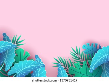 Summer background design with tropical elements. Pink background and leaves for sale banner, poster or voucher discount. Summer vector background.