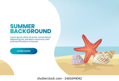 Summer background design for web page with sea star and shells on the beach on summer day. - Vector illustration