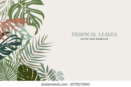 Summer background with different tropical leaves border, frame. Colorful flat vector illustration isolated.