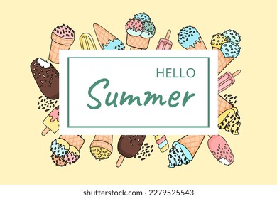 Summer background with doodle  ice cream. Summer concept. Vacation concept.	