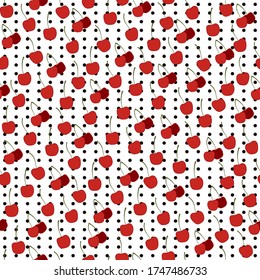 Fondo de verano con puntos y cereza roja fresca. Patrón sin soldadura.Vector para tela de moda e impresiones papel tapiz, cubierta de libro, tela textil