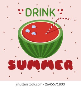 Summer Background Drink Summer with Watermelon Cup. Watermelon Drink with Straw and Ice on Pink Background. Tropical Fruit Design for Banner, Poster or Invitation. Vector Illustration