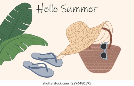 Summer Background in Eco style. Bag, hat, sunglasses, flip flops and banana Palm leaves. Summer beach Vacation Concept