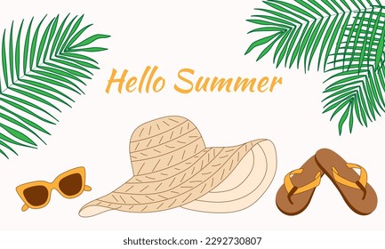 Summer Background in Eco style. Hat, sunglasses, flip flops and Palm leaves. Summer beach Holiday Concept