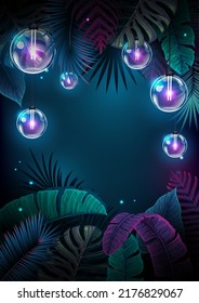 Summer background with electric modern lamps and fluorescent tropic leaves. Nature concept. Vector illustration