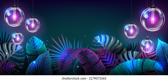 Summer background with electric modern lamps and fluorescent tropic leaves. Nature concept. Vector illustration