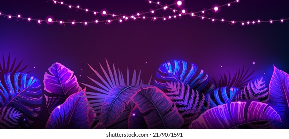 Summer background with electric modern lamps and fluorescent tropic leaves. Nature concept. Vector illustration