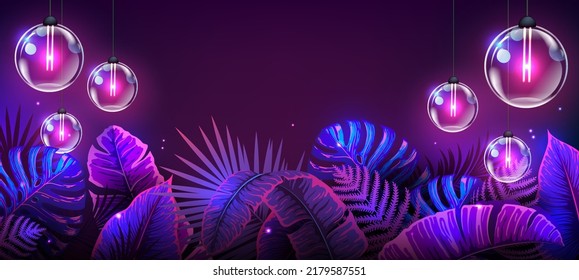 Summer background with electric modern lamps and fluorescent tropic leaves. Nature concept. Vector illustration