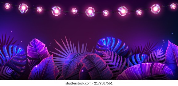 Summer background with electric modern lamps and fluorescent tropic leaves. Nature concept. Vector illustration