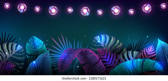 Summer background with electric modern lamps and fluorescent tropic leaves. Nature concept. Vector illustration