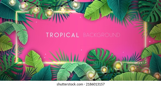 Summer background with electric modern lamps and tropic leaves. Nature concept. Vector illustration