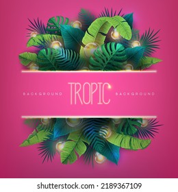 Summer background with electric modern lamps and tropic leaves. Nature concept. Vector illustration