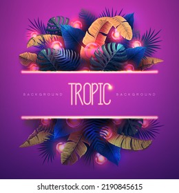 Summer background with electric modern lamps and tropic leaves. Nature concept. Vector illustration