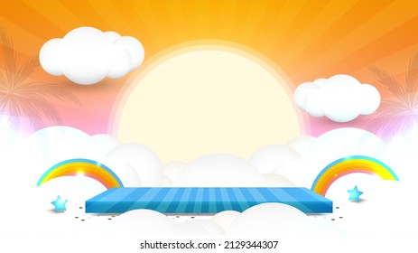 Summer background with empty square pedestal for product display and summertime abstract scene. Vector illustration.