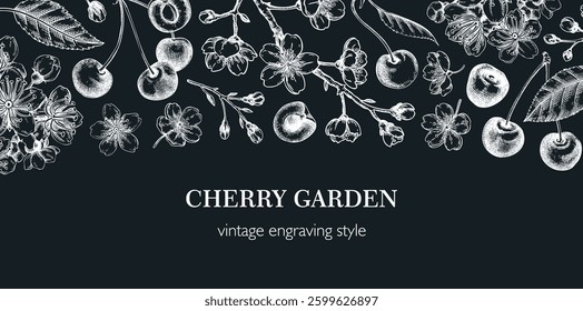 Summer background, engraved style. Cherry blossom, sakura flowers, berry fruit chalk drawings. NOT AI generated