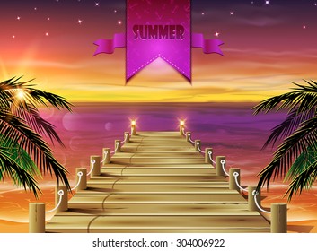 Summer background. Evening beach with a pier, palms and lanterns.