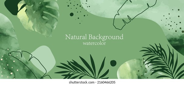 Summer background with exotic leaves and abstract forms. Green watercolor texture. Design for banner, cover, branding, card.