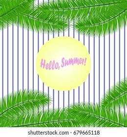 Summer background with exotic palm leaves. Stripes pattern. Vector illustration.