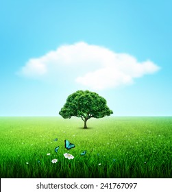 Summer Background With Field, Sky, Tree, Grass, Flower And Butterflies