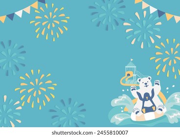 Summer background of fireworks and cute animals