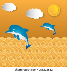 Summer background with fish jumping out from water.