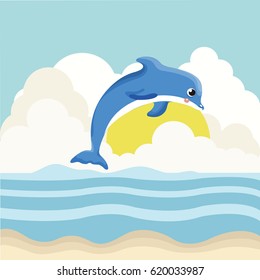 Summer background with fish jumping out from water.
