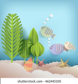 Fondo de verano con peces y conchas, estilo de papel.ilustración vectorial