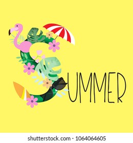 Summer background with flamingo bird, tropical leaves, flower and beach equipment. Vector illustration.
