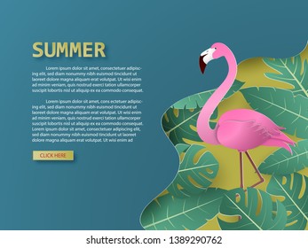 Summer background with flamingo bird and tropical palm and leaves paper cut style. poster, flyer, web template, banner, brochure, shopping, promo, advertising travel ticket promotion.