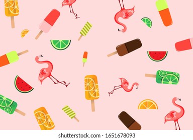 SUMMER BACKGROUND WITH FLAMINGO ICE CREAM AND FRUITS