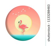 Summer background with flamingo in the ocean in the sunset time paper art style vector and illustration