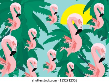 summer background with flamingo and plam pattern