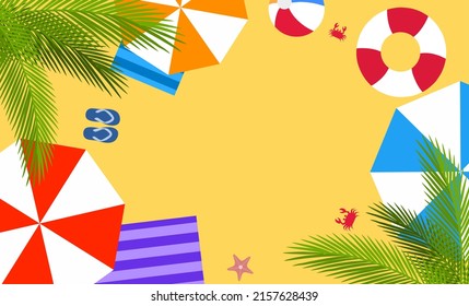 Summer background flat design on yellow background. Summer vacation poster. Summer vector illustration with umbrella, swimming ring, ball, palm leaf, sandals, starfish, crab