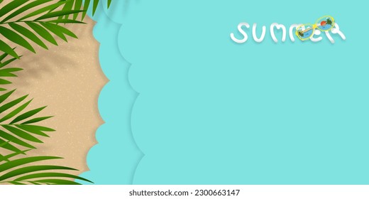 Summer Background Flat lay of green coconut palm leaves over Sand,Ocean Blue Waves background,Top view Tropical Sea Bach Paper cut with copy space.Banner Summer Holiday Vocation background concept 