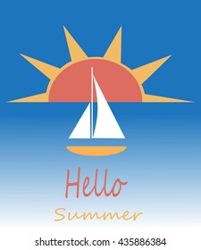 Summer background flat vector with yacht and sun