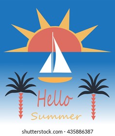 Summer background flat vector with yacht and sun
