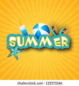 Summer background with flip flops, ball, starfish and drink.