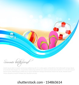 Summer background with flip-flops, safety-circle and beachball on the beach